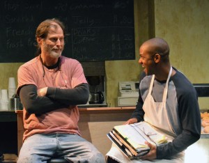 Don Wood as Arthur Przbyszeski and Chris Marsol as Franco Wicks in Custommade's production of Tracy Letts' "Superior Donuts". Photo Credit: Jay Yamada.