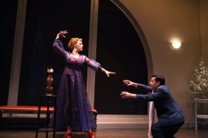 Lauren English as witch Gillian and Scott Cox as her brother Nicky in "Bell, Book & Candle" at the SF Playhouse. Photo Credit: Jessica Palopoli.