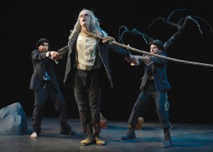Mark Anderson Phillips (Estragon), Ben Johnson (Lucky) and Mark Bedard (Vladimir) in Samuel Beckett’s "Waiting for Godot". Photo Credit: Kevin Berne.