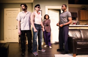 Gabriel Marin as Jackie, Rudy Guerrero as Cousin Julio, Margo Hall as Victoria and Carl Lumbly as Ralph D. in "The Motherf**ker With The Hat" at San Francisco Playhouse. Photo credit: SF Playhouse.
