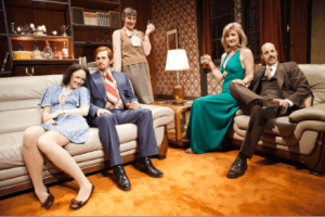 The cast of "Abigail's Party" from l to r: Allison Jean White as Angela, Patrick Kelly Jones as Tony, Julia Brothers as Sue, Susi Damilano as Bev and Remi Sandri as Laurence. Photo Credit: Jessica Palopoli.