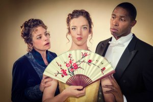 Stacy Ross (Mrs. Erlynne), Emily Kitchens (Lady Windermere), and Aldo Billingslea (Lord Windermere) in Cal Shakes’ production of Lady Windermere’s Fan by Oscar Wilde, directed by Christopher Liam Moore. Photo Credit: Kevin Berne.