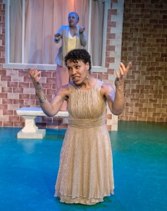 Cathleen Riddley as Nurse (back) and Leontyne Mbele-Mbong as Media (front) in African American Shakespeare's modern dress production of the classic Greek tragedy. (Photo credit: Lance Huntley.)