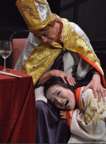 Monica Cappuccini as Pope Joan comforts Mimu Tsujimura as Lady Nijo in Customade Theatre's revival of Caryl Churchill's "Top Girls". Photo Credit: Jay Yamada.