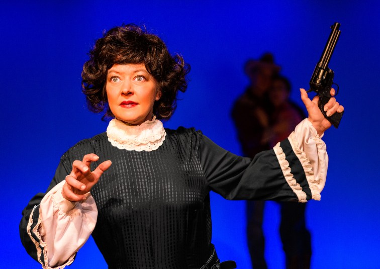Michelle Pond as Emma sends up Mercedes McCambridge in "Johnny Guitar: The Musical" at Masquers Playhouse. Photo credit: Budinger & Scarpelli