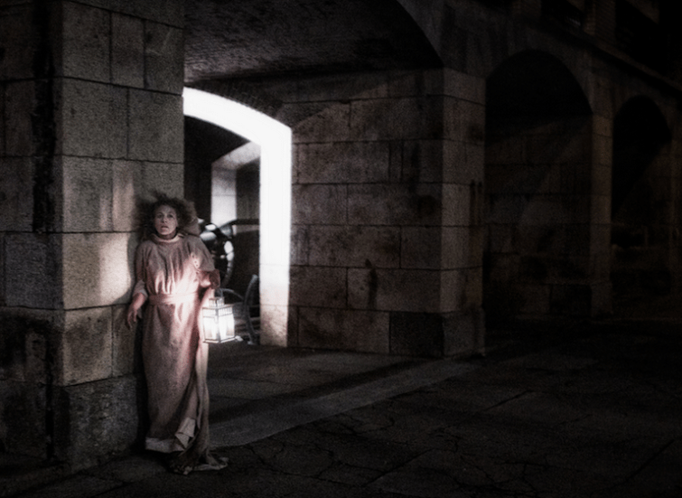 Lady Macbeth (Ava Roy) sleepwalks through the dank corridors of Dunsinane (Fort Point). Photo Credit: We Players.