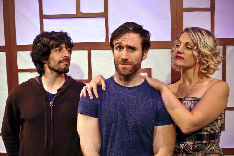 Nick Trengove as Patrick (center) tries to find a design for living that will accomodate both his lover Byron (Dan Kurtz, left), and his girlfriend Rebecca (Mikka Bonel, right) in "Everybody Here Says Hello", a world premiere by Stuart Bousel, presented by Wily West Productions. (Photo credit: Wily West)