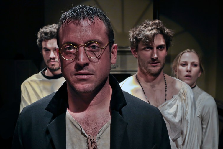 Professor Van Helsing and his intrepid team of vampire hunters, now all inmates of the Whitby Asylum for the Criminally Insane —and underinvestigation regarding the disap-pearance of a mys-terious nobleman from Transylvania. (l to r): Kenny Toll, Joe Estlack, Joshua Schell & Megan Trout.) Photo Credit: Jim Norrena.