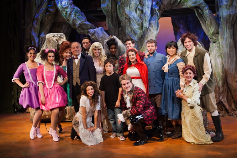 Wolves (Ryan McCrary and Jeffrey Brian Adams) meet Little Red Ridinghood (Corinne Proctor) in the woods. Photo Credit: Jessica Palopoli.