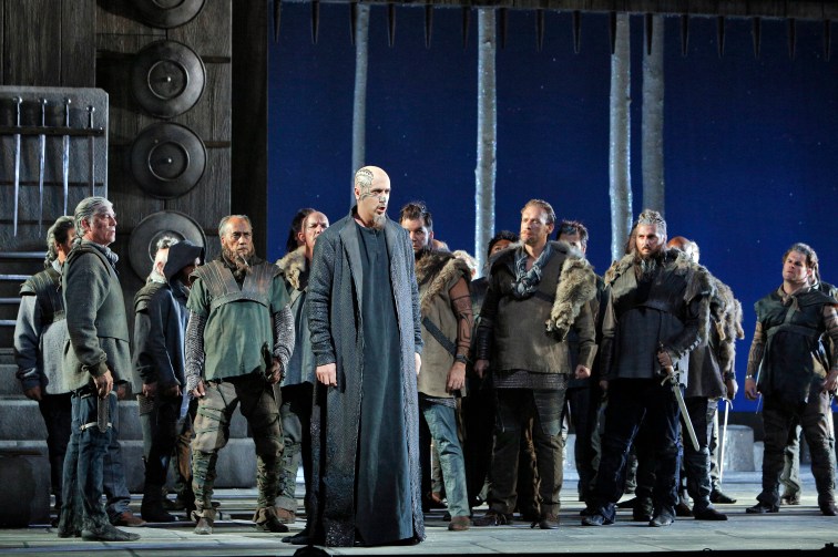 Christian Van Horn as Druid leader Oroveso, with the San Francisco Opera Chorus, in "Norma". Photo Credit: Cory Weaver.