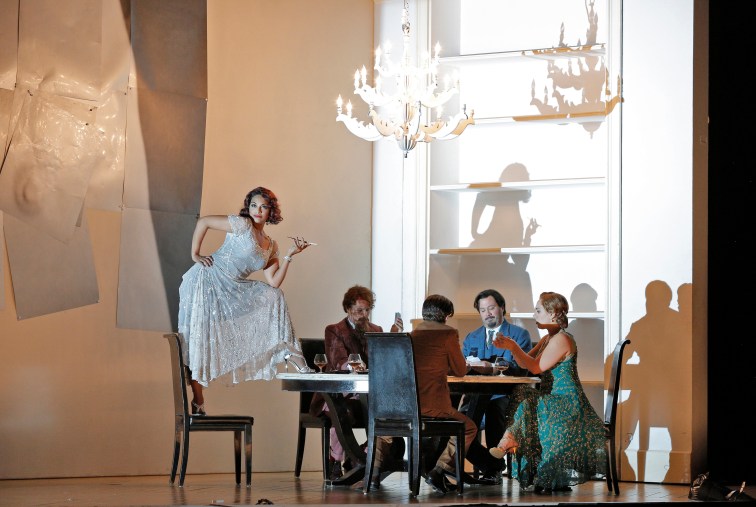 Danielle de Niese as Partenope, Philippe Sly as Ormonte, Anthony Roth Costanzo as Armindo, David Daniels as Arsace and Daniela Mack as Rosmira in SF Opera's production of Handel's "Partenope". Photo Credit: Cory Weaver