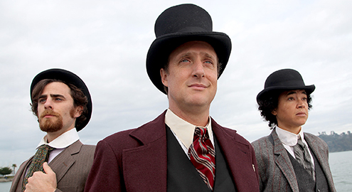 Rami Margron as Passepartout, Cassidy Brown as Mr. Phileas Fogg, and David Abrams as Fix of the Yard. Photo Credit: Marin Theatre Company.