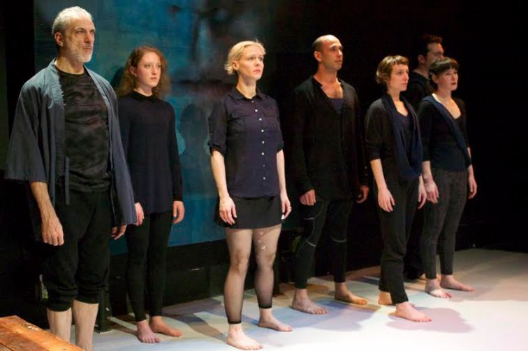 (l to r)  Paul Loper, Hannah Donovan, Madeline H.D. Brown, Wiley Naman Strasser, Emma Crane Jaster, Elissa Beth Stebbins, Tim Green for the Chorus in Cutting Ball's  "Antigone". Photo Credit: Chase Ramsey.