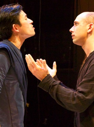Kreon (Jason W. Wong, l) and son Haemon (Wiley Naman Strasser, r) argue voer the fate of Antigone. Photo Credit: Chase Ramsey.