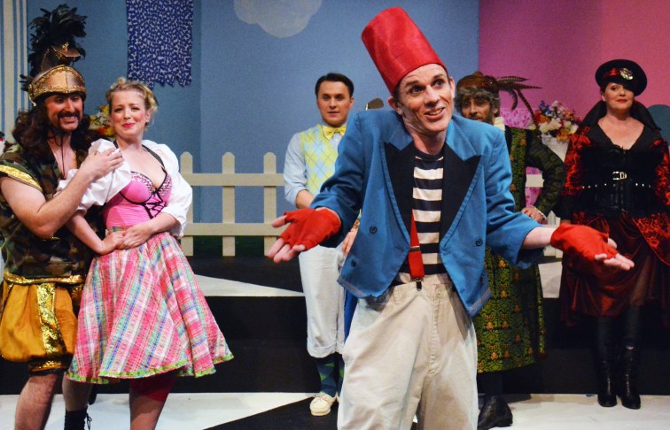 (froml to r) Kai Morrison, Eden Neuendorf, Darek Burkowski, Alan Coyne, Jef Valnetine, and Catherine Leudtke in Custom Made's "The Braggart Soldier or Major Blowhard". Photo Credit: Jay Yamada.