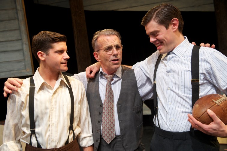 Jeffrey Brian Adams as Happy, Randall King as Willy, and Danny Jones as Biff in San Jose Stage Company's production of "Dearth of a Salesman". Photo credit: San Jose Stage Company.