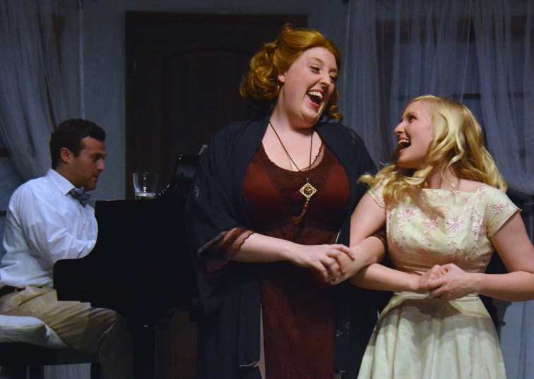 "Big" Edie (Heather Orth) and "Little" Edie (Juliana Lustenader), happy before their decline, accompanied at the piano by George Gould Strong (David Aaron Brown). Photo Credit: Jay Yamada.