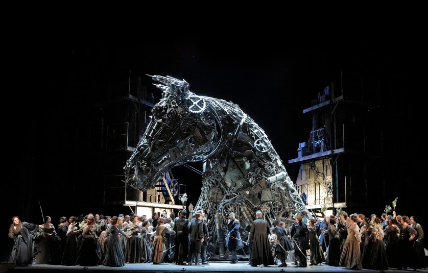 The Trojan is an unforgettable image in San Francisco Opera's producction of Berlioz's masterpiece. Set design by Es Devlin. Photo Credit: Cory Weaver.