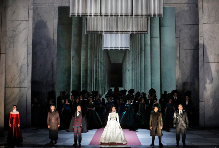 The famous sextet is brilliant performed by Zanda Švēde (Alisa), Nicolas Testé (Raimondo), Chong Wang (Arturo), Nadine Sierra (Lucia), Piotr Beczala (Edgardo) and Brian Mulligan (Enrico). The unfortunate hats bob in the background. Photo Credit: Cory Weaver.