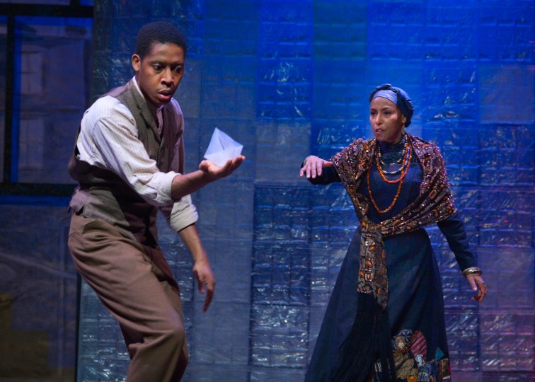 Namir Smallwood as Citizen Barlow and Margo Hall as Aunt Ester in Marin Theatre Company's production of August Wilson's "Gem of the Ocean." Photo Credit: Kevin Berne.