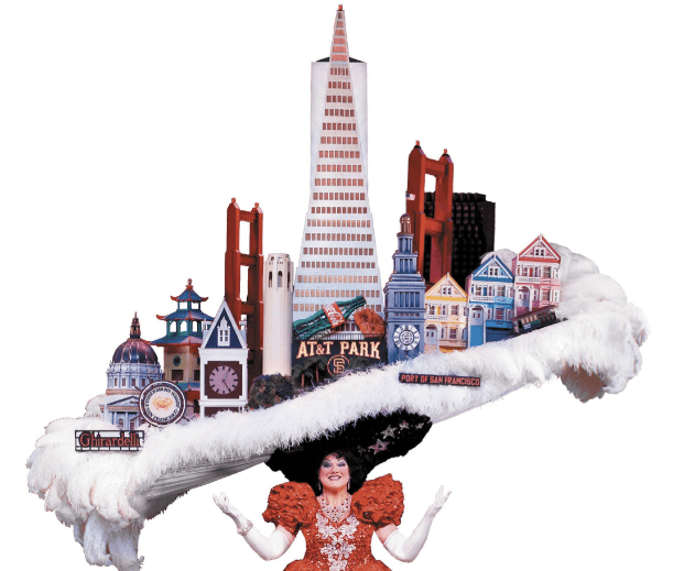 The fabulous Tammy Nelson sports the famous San Francisco Skyline Hat in the finale of Beach Blanket Babylon at Club Fugazi. Photo Credit: Beach Blanket Babylon.