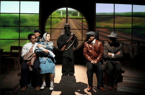 Japanese-Americans are forcibly relocated to a Containment Camp in Luis Valdez new play, "Valley of the Heart." From left: Lakin Valdez, Christina Chu, Melanie Arii Mah, Rafael Toribio, Anthony Chan, and Ryan Takemiya. Photo Credit: David Murakami.