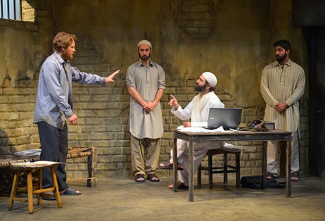 From L to R: Craig Marker, Pomme Koch, Barzin Akhavan, and Jason Kapoor in the Bay area premiere of "The Invisible Hand" by Ayad Akhtar at Marin Theatre Company. Photo Credit: Kevin Berne.