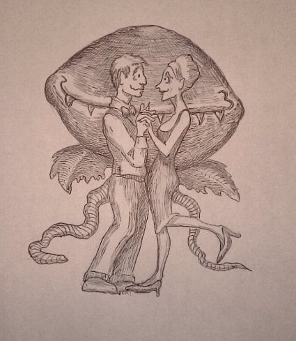 Seymour, Audrey, and Audrey II. Caricature by Argyle C. Klopnick. 