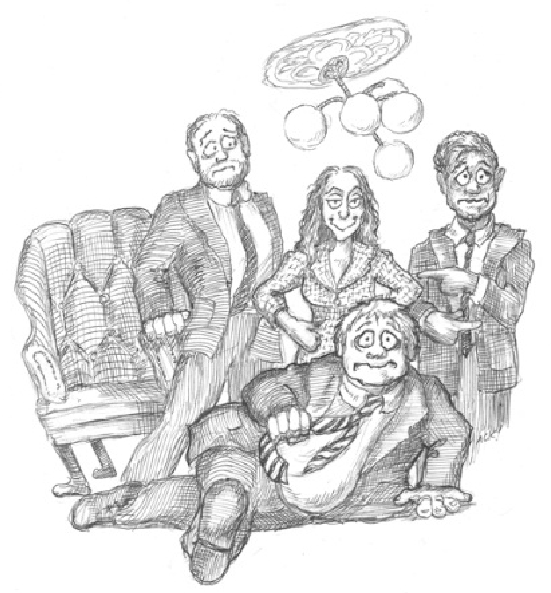 Caricature of Lucas Meachem (as Dr. Malatesta, Heidi Stober as Norina, Lawrence Brownlee as Ernesto, and Maurizio Muraro (on the floor)) as Don Pasquale. Credit: Argyle C. Klopnick.