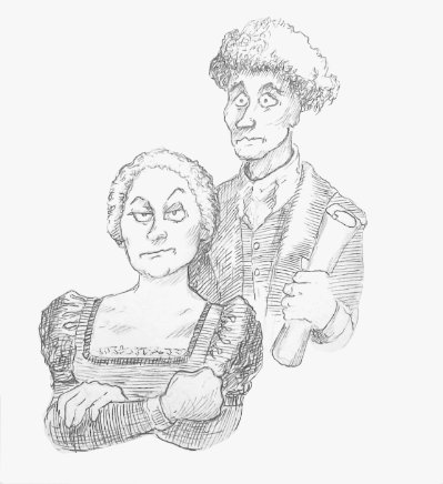 Mary Bennet (Martha Brigham) and Arthur de Bourgh (Adam Magill) slowly discover they have fallen in love, with a little bit of help from their friends. Caricature by Argyle C. Klopnik.