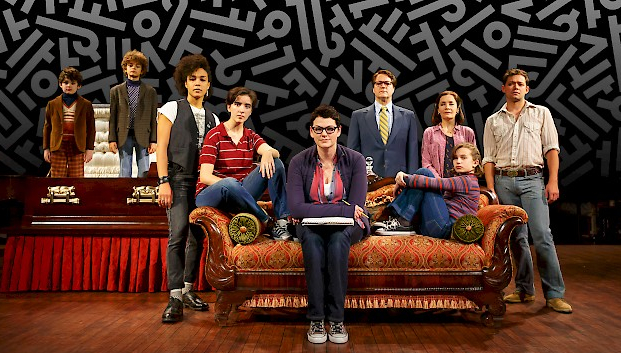 The cast of "Fun Home" from L to R: Leonnon Nate Hammond as John, Karen Eilbacher as Joan, Pierson Salvador as Christian, Abby Corrigan as Medium Alison, Kate Shindle as Allison, Robert Petkoff as Bruce, Susan Moniz as Helen, and Alessandra Baldacchino as Small Allison.